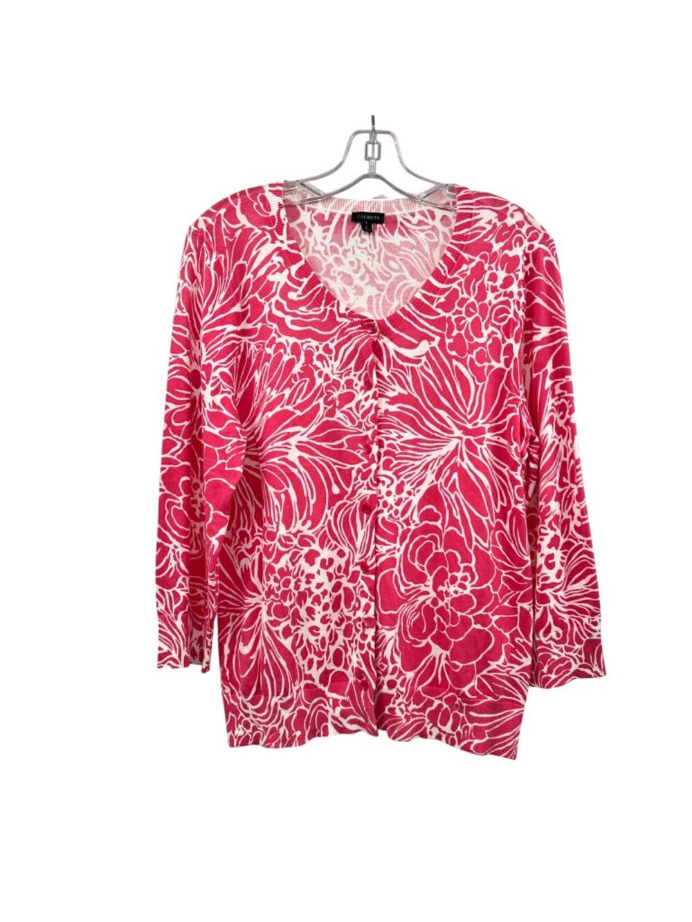 Talbots Womens Lightweight Cardigan Pink/White Floral Long Sleeve Size Large